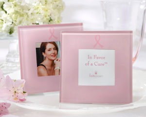 "In Favor of a Cure" Pink Ribbon Frosted Glass Photo Frame (Set of 4)